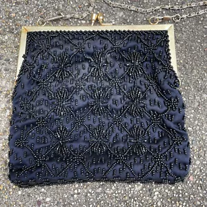 Vtg Purse Clutch Handbag Made In Hong Kong Black Beaded Evening Bag w Chain - Picture 1 of 6