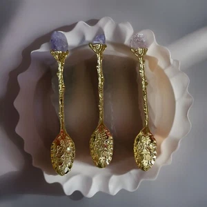 Gold Gemstone Victorian Style Crystal Tea Spoons Rose Quartz Amethyst Healing - Picture 1 of 2
