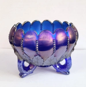 Rare Northwood Electric Blue Leaf and Beads Rose Bowl 5 1/2" Excellent - Picture 1 of 6