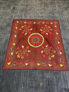 Antique Bukhara Suzani On Raw Silk Table Topper - Picture 1 of 6