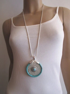 Damen Hals Kette lang Modekette Silber Türkis Statement Blogger Lagenlook ö98q - Bild 1 von 4