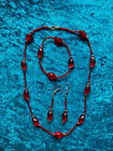 Red Bead Necklace Bracelet & Dangle Earings Silver Hooks Acrylic Lozenge Seed B