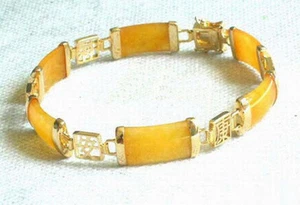 Yellow Jade 18KGP Fortune Emolument Longevity Luck Link Clasp Bangle Bracelet - Picture 1 of 3