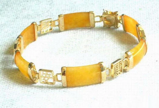 Yellow Jade 18KGP Fortune Emolument Longevity Luck Link Clasp Bangle Bracelet - Image 1 of 3