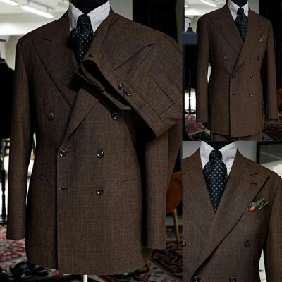 Dark Brown Men's Linen Suits Double Breasted Jacket Trouser for Wedding Business - Image 1 of 4