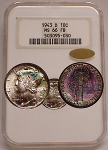 1943-D Mercury Dime NGC MS66FB GOLD CAC Old Holder Wild Toning Iridescent Color