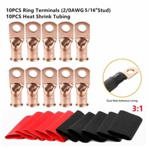 (10) 2/0 AWG Gauge Copper Ring Terminals 5/16" RED/BLACK Heat Shrink Tubing LUGS - Picture 1 of 6
