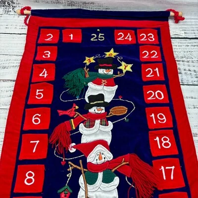 Christmas Advent Fabric Tapestry Snowman Calendar Pockets Tassels Holiday 18x31 - Image 1 of 4