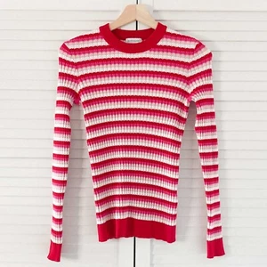 Warehouse Jumper Size 10 Red Pink Striped Knit Round Neck Slim Fit Sweater - Picture 1 of 20