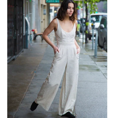 Mara Hoffman Striped Jumpsuit Cream Black Wide Leg Sleeveless Cotton Sz 0 - Image 1 of 4