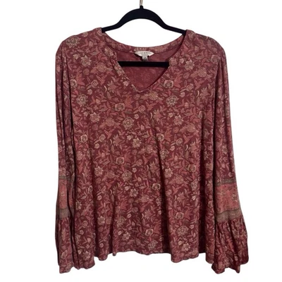 Lucky Brand Large Mauve Floral Top Blouse Boho Western Bell Long Sleeve V-Neck - Image 1 of 4