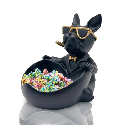 Cuenco de caramelos Bulldog de resina negra, llavero en forma de corazón, estatua, decoración de entrada Foto 1 de 4