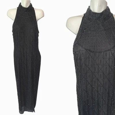 Vestido De Colección Años 90 Papell Boutique Seda Halter Cuentas Negro Vestido Formal Sin Mangas Foto 1 de 4