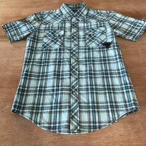 7 Diamonds Shirt Men M Blue Plaid Snap Button Up Pocket Short Sleeve Aztec - Picture 1 of 13