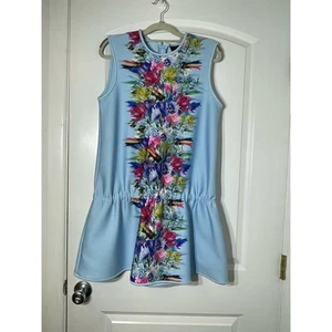Cynthia Rowley Dress Medium Blue Floral Scuba Knit Dropped Waist Prom Cocktail - Picture 1 of 12