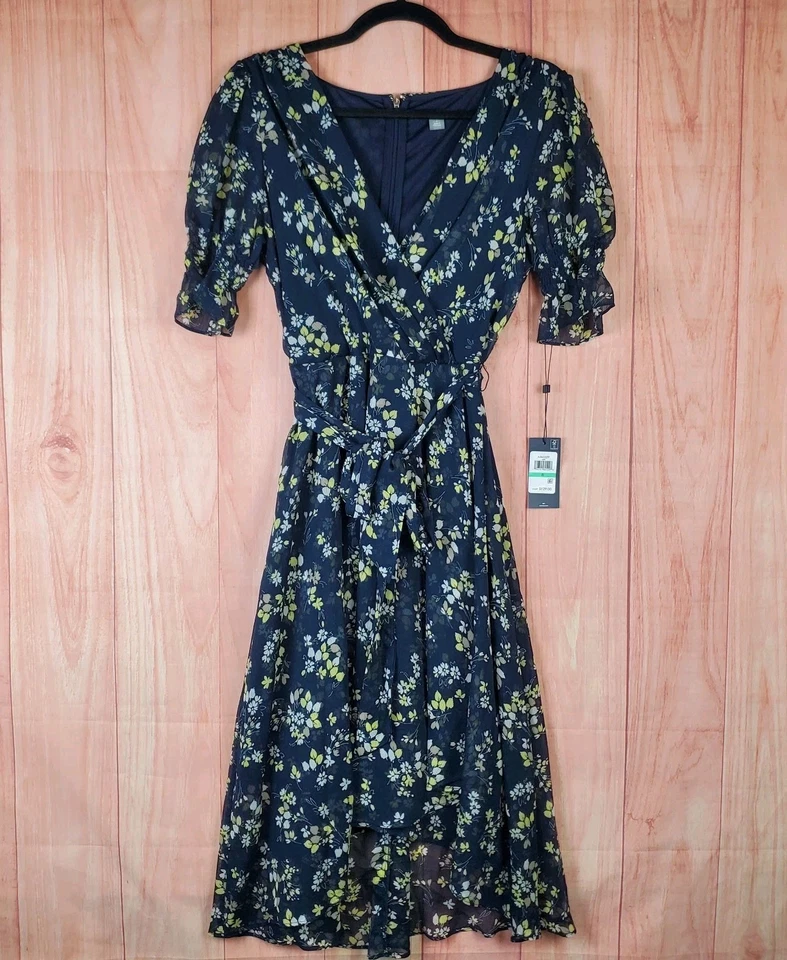 Vestido Tommy Hilfiger Midi Imitación Envolvente Para Mujer 8 Azul Floral Sobrepelliz Cuello Cremallera Trasera Foto 1 de 4