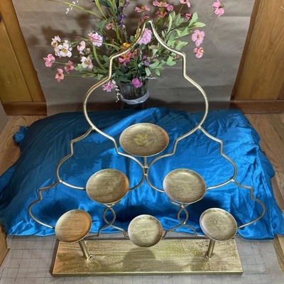 Lrg 27’x19 Gold Metal 6 Candle Holder Moroccan Style Home Decor Table Elegant - Image 1 of 4