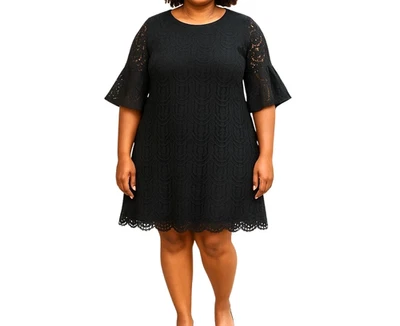 Vestido Sharagano Negro Encaje Superpuesto 18W Dobladillo Festoneado Vacaciones Femenino Romántico Foto 1 de 4