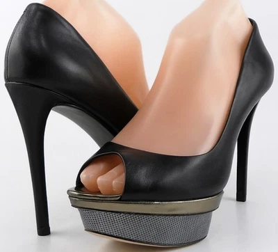 Zapatos de salón $375 B BRIAN ATWOOD FRANCISKA de cuero negro plataforma punta abierta 8,5 Foto 1 de 4