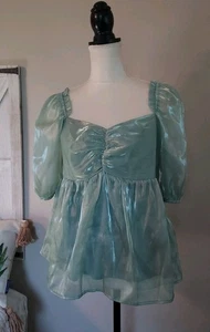 Top Molly verde iridescente come nuovo chiffon schiena smock manica a sbuffo taglia large - Foto 1 di 11