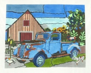 Patti Mann Blue Rusty Truck on Farm Barn Handpainted Needlepoint Canvas - Picture 1 of 1