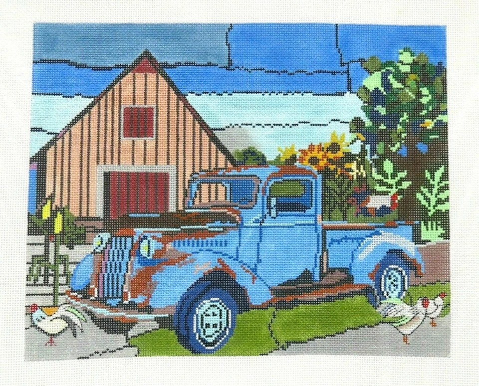 Patti Mann Blue Rusty Truck on Farm Barn Handpainted Needlepoint Canvas - Image 1 of 1