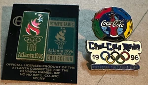 Lot of 2: 1996 Summer Olympics Atlanta:  Early Flame Pin & Coca-Cola Radio Pin - Picture 1 of 2