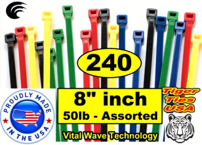 TIGER TIES USA 240 ASSORTED 8" inch Wire Cable Ties Nylon Tie Wraps 50lb USA Made Tiger Ties
