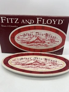 Fitz & Floyd Town Country Oval Tray "Bless This House" Red 2007 In Box Vintage - Picture 1 of 4