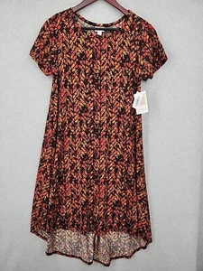 NWT LuLaRoe CARLY Womens S Hi Lo SS Dress Black/Red/Gold Abstract Pattern - Picture 1 of 7