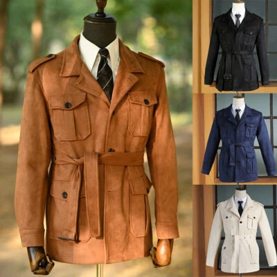 Men's Multi Pockets Suede Safari Jacket Belted Hunting Retro Coat Casual Outwear - Image 1 of 4