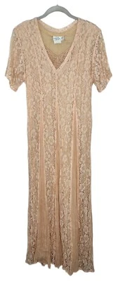 Vintage Lola P Women’s Lace Crochet Peach V Neck Short Sleeve Maxi Dress Sz S — 第 1/4 张图片