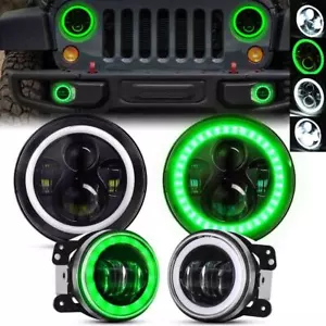 For Jeep Wrangler JK JKU Combo Green Halo 7" LED Headlights 4'' Fog Lights Kits - Foto 1 di 7