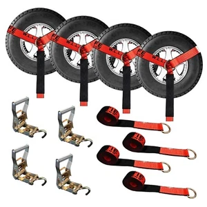 4 Pack 2" x 10' Lasso Wheel Lift Strap Ratchet w/ J Finger Hook Towing Red - Picture 1 of 7