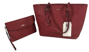New Lovevook Red Leather Double Handle Trapezoid Tote Bag With Wristlet Wallet - Picture 1 of 3