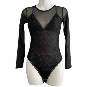 Allsaints Nyla Lace Bodysuit Top Size 0 Womens Black Double Layered Mesh Sexy - Picture 1 of 12