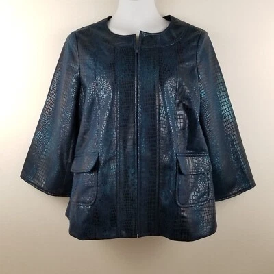 Susan Graver Womens Jacket S Blue Croco-Embossed Brushed Faux Leather 3/4 Slv - Image 1 of 4