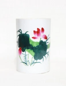 Antique Chinese Hand Painted Porcelain Brush Pot w/ Lotus Plant & Flowers - Picture 1 of 14