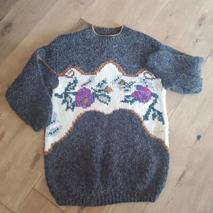 Vintage Kitty Hawk Oversize Sweater sz Medium Gray Floral 80s Retro Cottagecore  - Picture 1 of 11