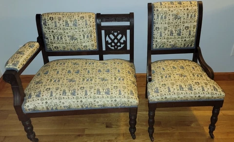Victorian Antique Eastlake Sette Love Seat/Bustle Bench & Chair Set Carved Wood Cover