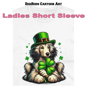 Afghan Hound Puppy Dog Irish Pride Leprechaun DigiPups Cartoon Ladies T Shirt - Picture 1 of 4