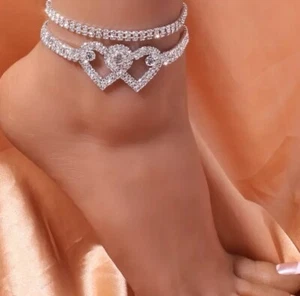 Sparkle Layered Double Heart Silver Anklet - Picture 1 of 6
