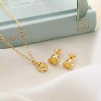 Pendientes Collar Cadena Gratis Nupcial Pera Laboratorio Creado Citrino Oro Amarillo 14K Sobre Foto 1 de 4