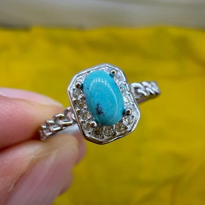925 Sterling Silver Ring 5x3mm Natural Turquoise Gemstone Zircon Braid Band Gift - Image 1 of 4