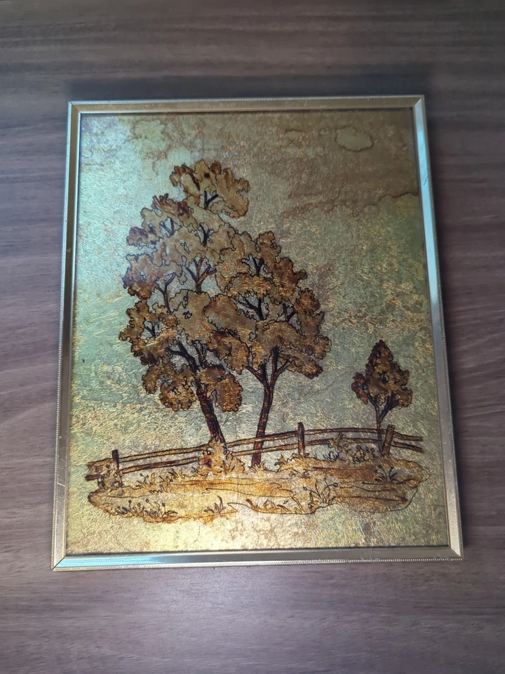 Vintage Gold Foil Art Picture Trees Landscape Framed 10x8 Mid Century Style - Image 1 of 4