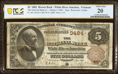 $5 1882 The National Bank of White River Junction , VT -Brown Back  PCGS 20 VF - Image 1 of 3