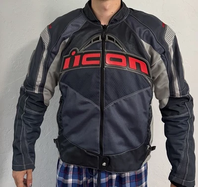 Mens ICON Contra Gray Textile Patched Motorcycle Jacket w/ Lining Padded LARGE - Image 1 of 4