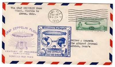 C18 Century of Progress 50c Zeppelin 1933 Miami FL Flown to Akron w/ Cachet - Image 1 of 3