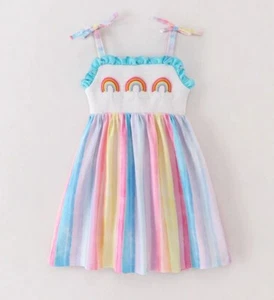 NEW Boutique Rainbow Girls Smocked Embroidered Striped Dress - Picture 1 of 6