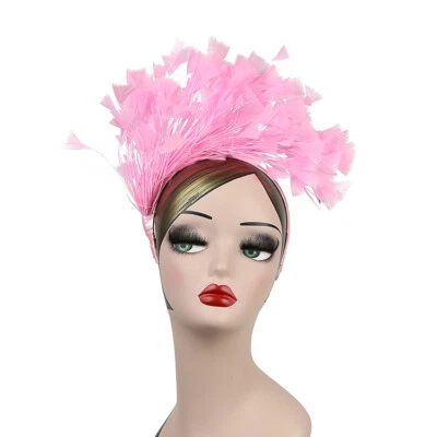 PALE PINK FEATHER FASCINATOR/CROWN/TIARA ON SATIN HEADBAND SPRING RACES,WEDDING  - Imagem 1 de 2